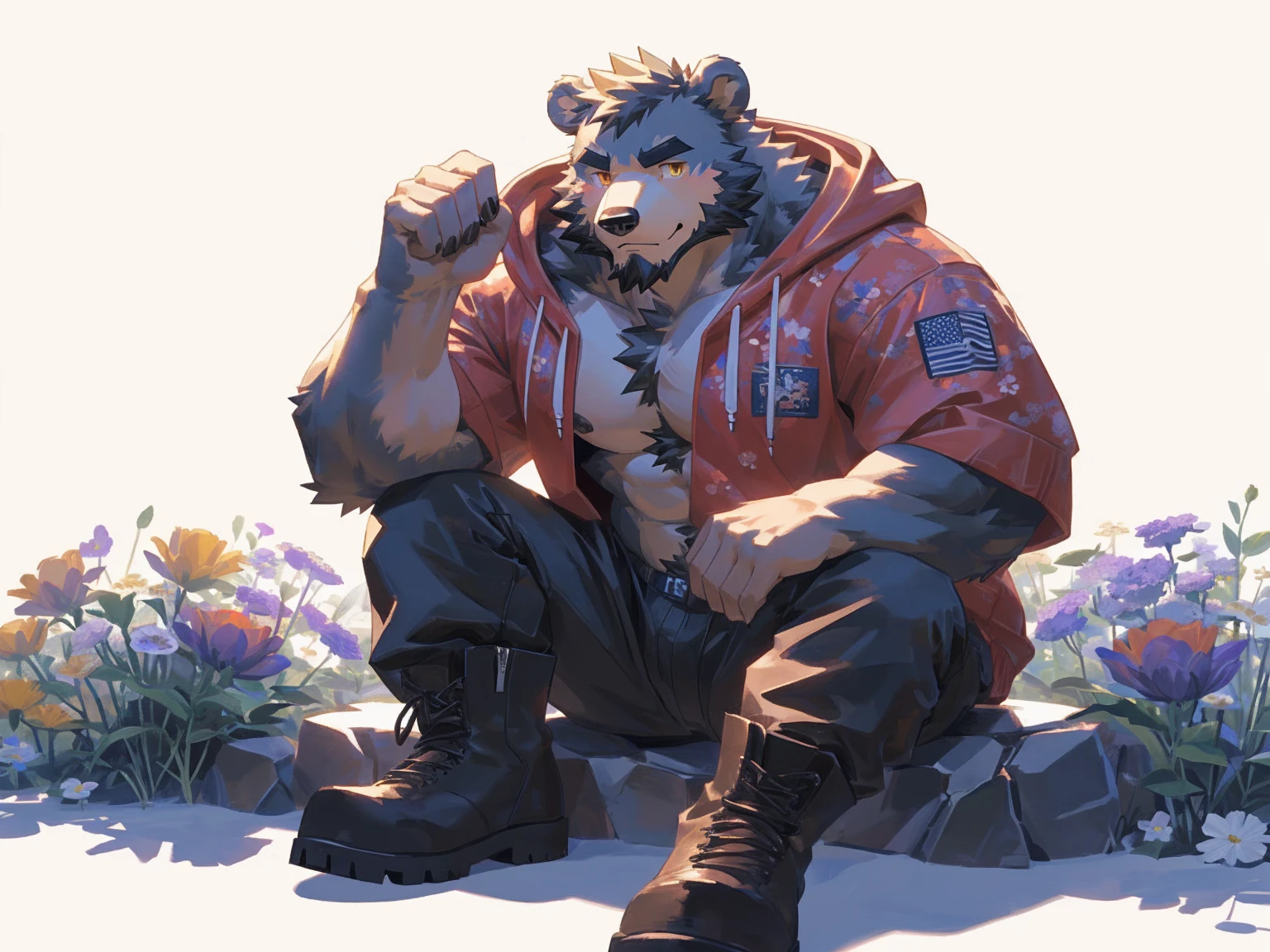 (masterpiece:1.2), best quality,pixiv,official art,perfect anatomy, (Ray tracing, light),solo, (1_male:1.3) , (muscle), (grey fur:1.4), (muscle bear), (beard:1.2), (gleaming golden eyes), bear tail, Thick black eyebrows, (open hoodie :1.3) , (naked inside:1.2), cargo pants,boots, portrait , (white background:1.3) , (flowers around:1.3)