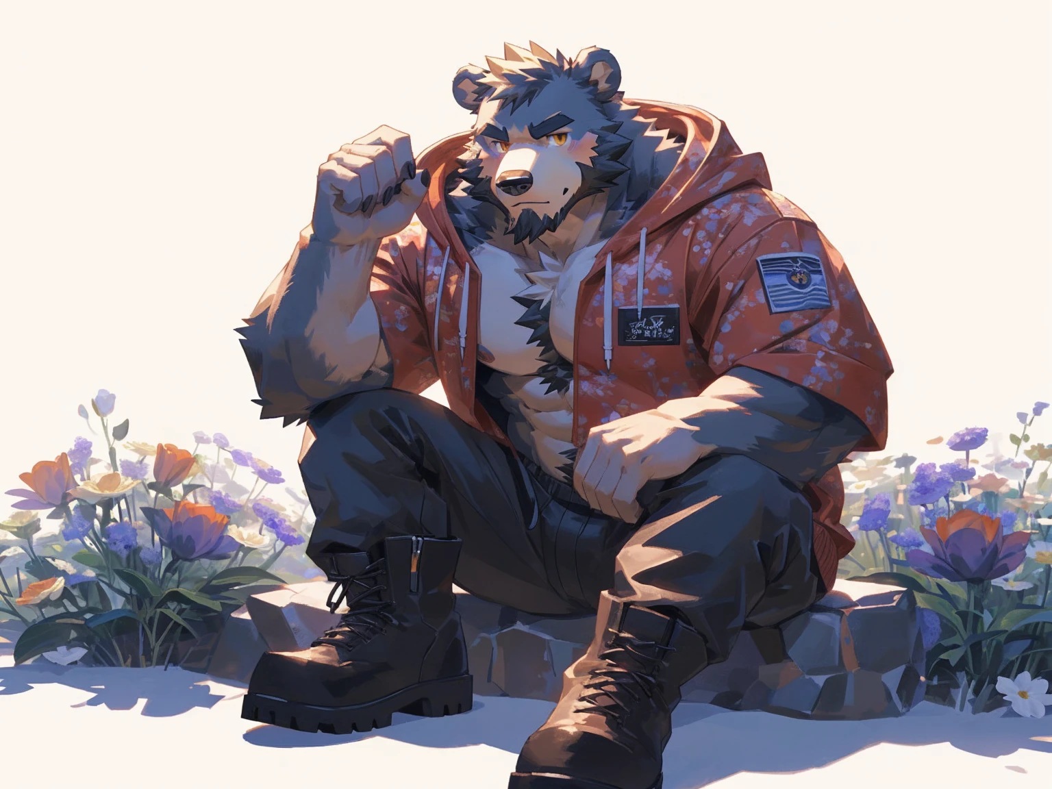 (masterpiece:1.2), best quality,pixiv,official art,perfect anatomy, (Ray tracing, light),solo, (1_male:1.3) , (muscle), (grey fur:1.4), (muscle bear), (beard:1.2), (gleaming golden eyes), bear tail, Thick black eyebrows, (open hoodie :1.3) , (naked inside:1.2), cargo pants,boots, portrait , (white background:1.3) , (flowers around:1.3)