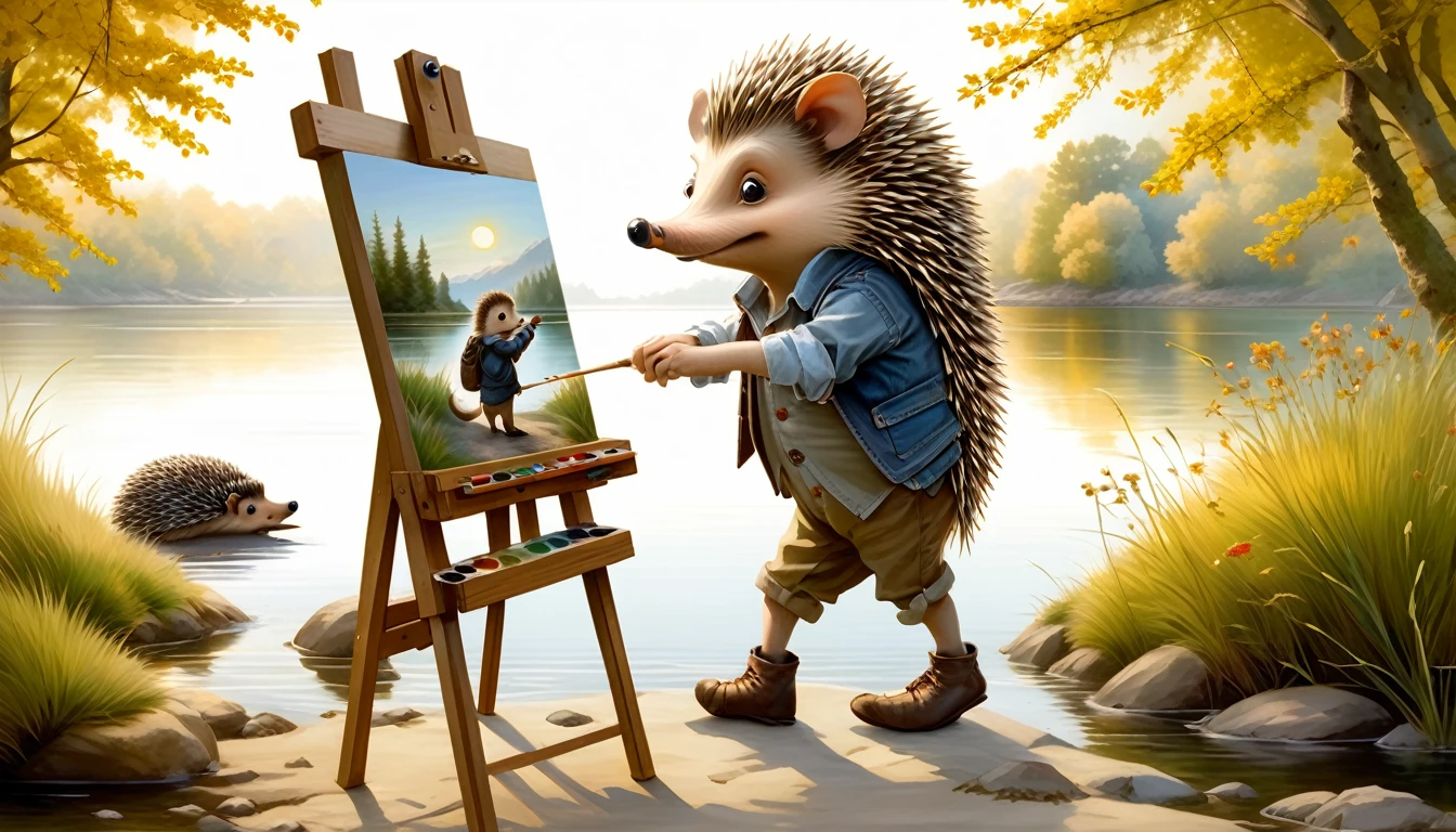 (photography style), anthropomorphic,
cute hedgehog, in casual clothing, painted by the river, setting up an easel and canvas, using paints, and focusing intently on the artwork,
2D, colorful, warm atmosphere, glossy, Jean-Baptiste Monge style, Alan Lee style