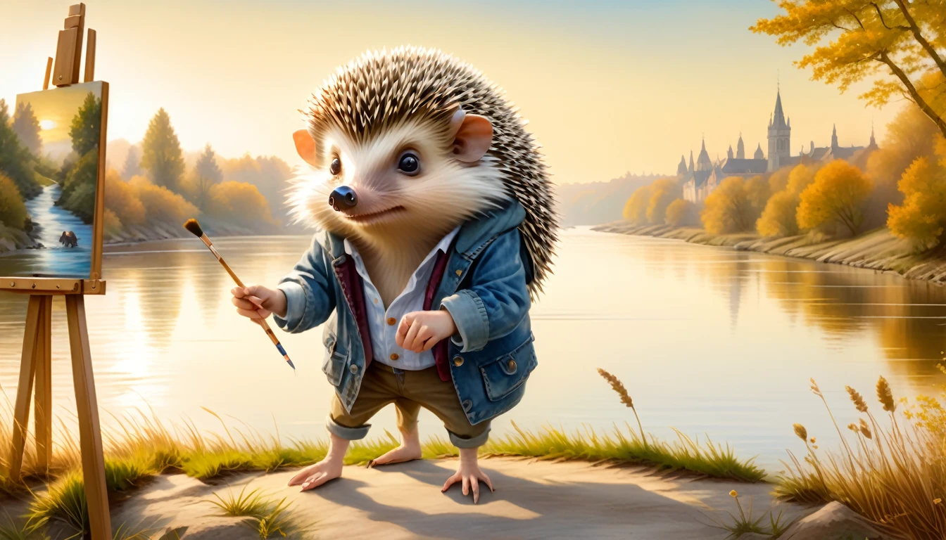 (photography style), anthropomorphic,
cute hedgehog, in casual clothing, painted by the river, setting up an easel and canvas, using paints, and focusing intently on the artwork,
2D, colorful, warm atmosphere, glossy, Jean-Baptiste Monge style, Alan Lee style