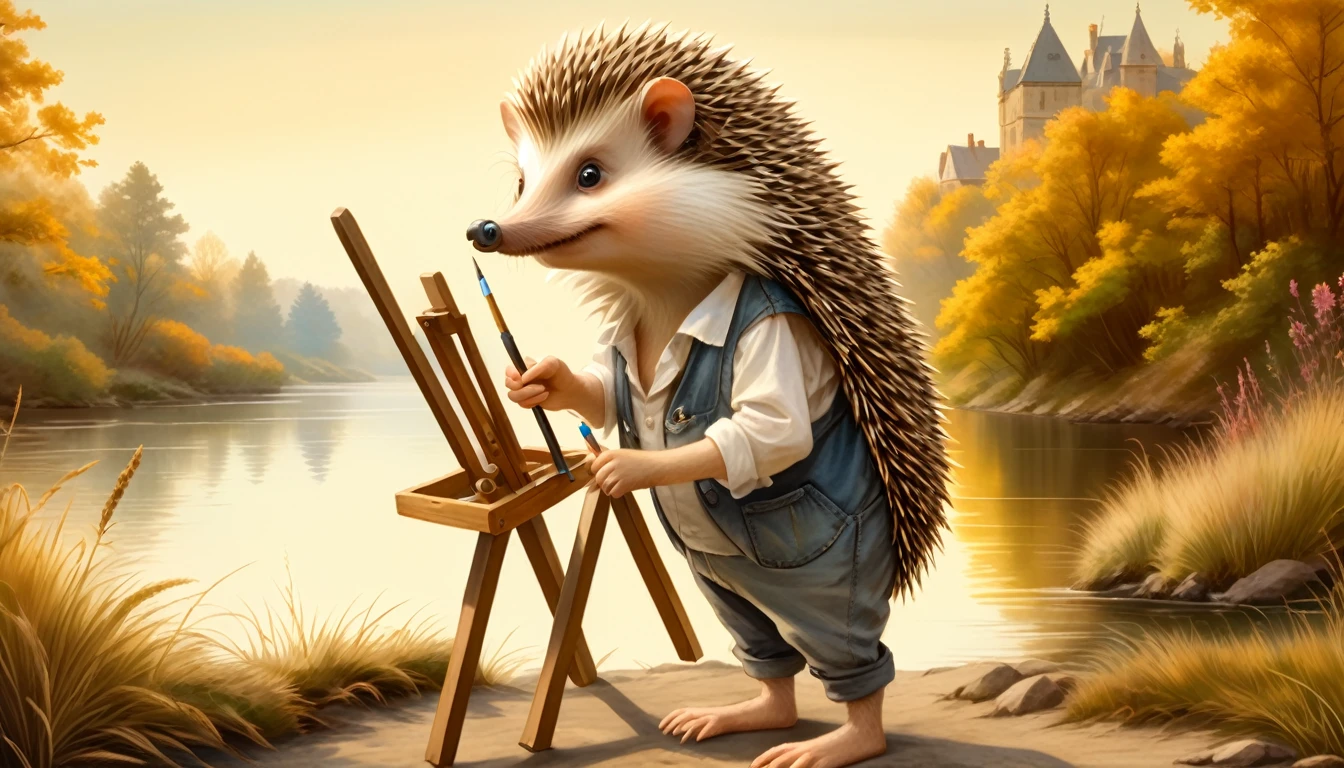 (photography style), anthropomorphic,
cute hedgehog, in casual clothing, painted by the river, setting up an easel and canvas, using paints, and focusing intently on the artwork,
2D, colorful, warm atmosphere, glossy, Jean-Baptiste Monge style, Alan Lee style