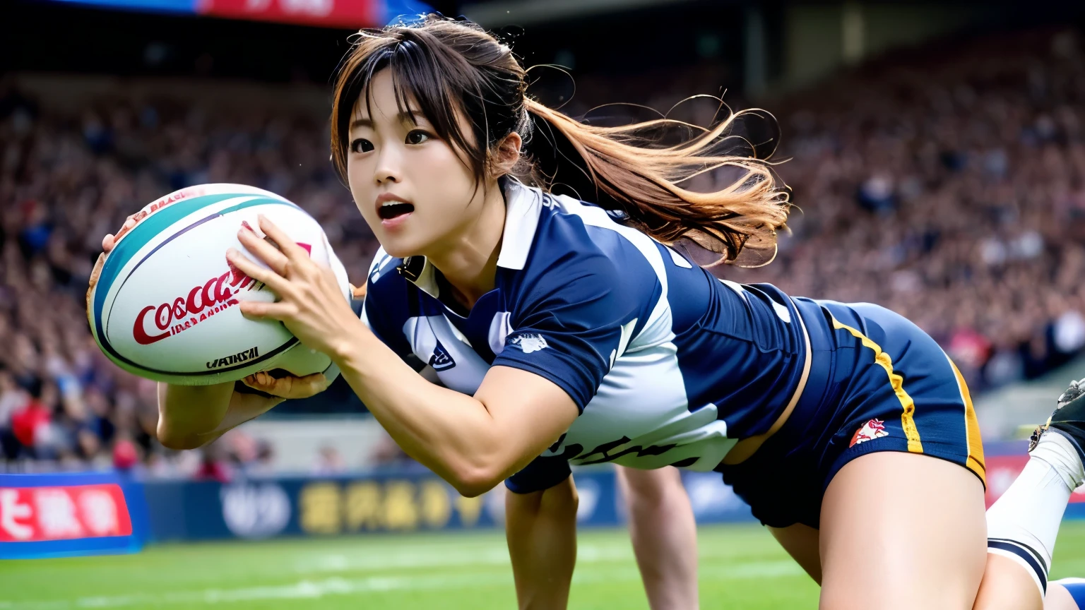 (((With perfect anatomy, we carefully draw perfect limbs with no excess or deficiency, taking into account the direction in which the joints bend.))),The grandstands were filled with spectators,(((A beautiful rugby player with outstanding style is running seriously with wrinkled eyebrows on the field of a large rugby stadium filled with spectators))),(((The uniform, consisting of a long-sleeved collared rugby shirt with a large number on the back and running spats,々Shii,Wearing spikes))),(((Capture the powerful moment of sprinting with a rugby ball in a full-body snapshot))),Speed,Speed,Capture the essence of movement in a powerful moment,((A beautiful rugby player wearing a green uniform with white horizontal stripes and a thick headband looks ahead)), Fight off the enemies who try to stop her,((眉間にしわを寄せながらラグビーボールを持ってゴールラインに向かって走る動きの本質を捉えた側面からの4K動body撮影)),Rushing forward like a rabbit,All in one,(Skin Dentition:1.5),Realistic and realistic,(masterpiece:1.5),Sports concept art,Intricate details,Highly detailed and realistic,Octane Rendering,4K,Sports Real Engine,Dynamic pose, Highest quality,High resolution,(Realistic Face:1.1),(Surreal:1.1), ((full_body)),((Expressing the dynamism that emanates from the whole body)),(((A slim, muscular man with a slim waist and a coke bottle-like body))),(4K full body shot from behind),(Shiny skin:1.2),(((Hairstyle))),(((Perfect hands))),(Highly detailed background),((手入れされた美Shii天然芝が張られた良く晴れたダイナミックなフィールドに観客で一杯のスタジアムの背景)),((Beauty condensed in 1girl)),((光を蓄えた美Shii瞳)),(Shiho wearing a necklace),(((滴る大量の汗が眩Shii))),(Ponytail flutters in the wind),casting ,((Dramatic beauty)),披写界深度の深い美Shiiボケ,4K,Gothic,4K Digital SLR Camera,Film grain effect,Fujifilm XT3 style,(Saiharu Body),(Delicate eyes and face),Professional Perspective,素晴らShiiディテール,Beauty condensed in 1girl,繊細でHigh noseを持つ美Shii顔,High nose, Clear sky-blue eyes that glorify the light, Glossy red lips, light makeup,