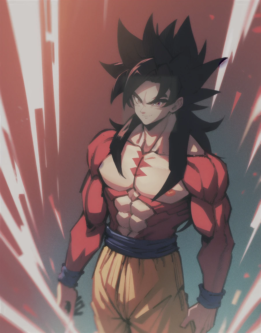 highres, HD quality, (best quality),((masterpiece)), vibrant colors, son goku, son goku gt,1boy,closed mouth, solo, super saiyan 4, dragon ball gt, yellow pants, black boots, blue ribbon, ((some red fur on arms and chest)), red saiyan tail, (very long hair), (red eyeliner),male focus, muscular, muscular male, pectorals, solo, spiked hair,((black hair)), (((pupils))),yellow eyes,standing,spiked hair, red aura, electricity, smile,upper body, HAND IN HEART!