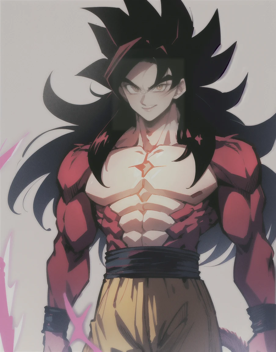 highres, HD quality, (best quality),((masterpiece)), vibrant colors, son goku, son goku gt,1boy,closed mouth, solo, super saiyan 4, dragon ball gt, yellow pants, black boots, blue ribbon, ((some red fur on arms and chest)), red saiyan tail, (very long hair), (red eyeliner),male focus, muscular, muscular male, pectorals, solo, spiked hair,((black hair)), (((pupils))),yellow eyes,standing,spiked hair, red aura, electricity, smile,upper body, HAND IN HEART!
