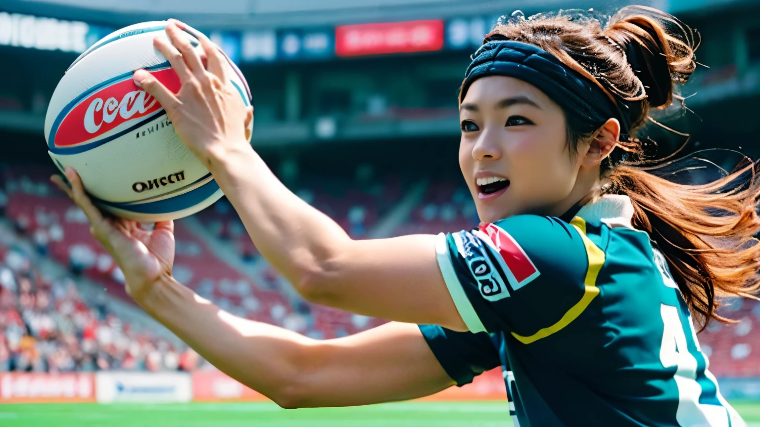(((With perfect anatomy, we carefully draw perfect limbs with no excess or deficiency, taking into account the direction in which the joints bend.))),The grandstands were filled with spectators,(((A beautiful rugby player with outstanding style is running seriously with wrinkled eyebrows on the field of a large rugby stadium filled with spectators))),(((The uniform, consisting of a long-sleeved collared rugby shirt with a large number on the back and running spats,々Shii,Wearing spikes))),(((Capture the powerful moment of sprinting with a rugby ball in a full-body snapshot))),Speed,Speed,Capture the essence of movement in a powerful moment,((A beautiful rugby player wearing a green uniform with white horizontal stripes and a thick headband looks ahead)), Fight off the enemies who try to stop her,((眉間にしわを寄せながらラグビーボールを持ってゴールラインに向かって走る動きの本質を捉えた側面からの4K動body撮影)),Rushing forward like a rabbit,All in one,(Skin Dentition:1.5),Realistic and realistic,(masterpiece:1.5),Sports concept art,Intricate details,Highly detailed and realistic,Octane Rendering,4K,Sports Real Engine,Dynamic pose, Highest quality,High resolution,(Realistic Face:1.1),(Surreal:1.1), ((full_body)),((Expressing the dynamism that emanates from the whole body)),(((A slim, muscular man with a slim waist and a coke bottle-like body))),(4K full body shot from behind),(Shiny skin:1.2),(((Hairstyle))),(((Perfect hands))),(Highly detailed background),((手入れされた美Shii天然芝が張られた良く晴れたダイナミックなフィールドに観客で一杯のスタジアムの背景)),((Beauty condensed in 1girl)),((光を蓄えた美Shii瞳)),(Shiho wearing a necklace),(((滴る大量の汗が眩Shii))),(Ponytail flutters in the wind),casting ,((Dramatic beauty)),披写界深度の深い美Shiiボケ,4K,Gothic,4K Digital SLR Camera,Film grain effect,Fujifilm XT3 style,(Saiharu Body),(Delicate eyes and face),Professional Perspective,素晴らShiiディテール,Beauty condensed in 1girl,繊細でHigh noseを持つ美Shii顔,High nose, Clear sky-blue eyes that glorify the light, Glossy red lips, light makeup,