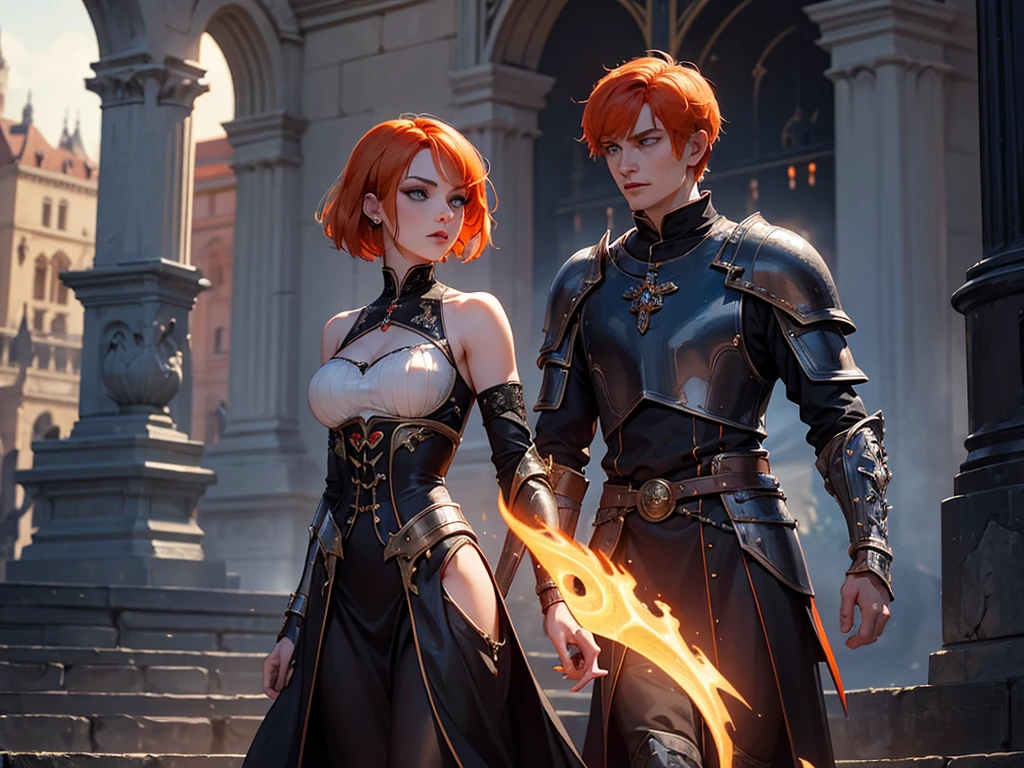A beautiful and wonderful vampire woman, extremely detailed, short orange hair, wearing extremely detailed gothic armor, blue eyes in medieval public square, palace, crepúsculo, 8k, linda, sacerdotisa, crepúsculo, entardecer, vampira, gothic armor.