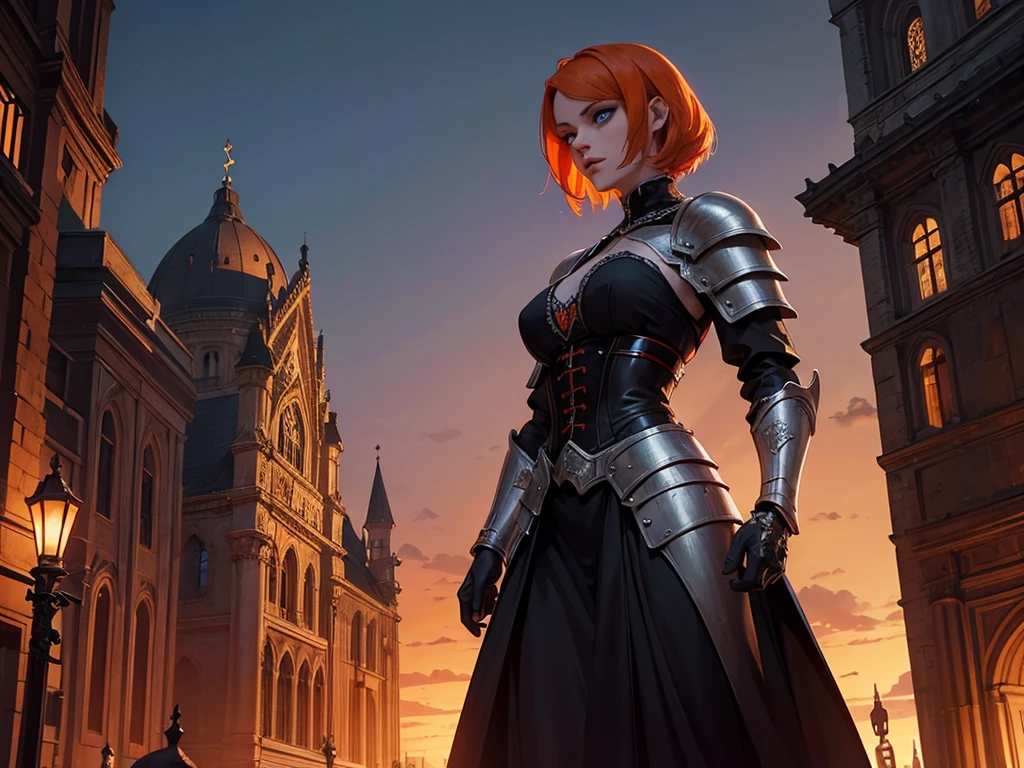 A beautiful and wonderful vampire woman, extremely detailed, short orange hair, wearing extremely detailed gothic armor, blue eyes in medieval public square, palace, crepúsculo, 8k, linda, sacerdotisa, crepúsculo, entardecer, vampira, gothic armor.
