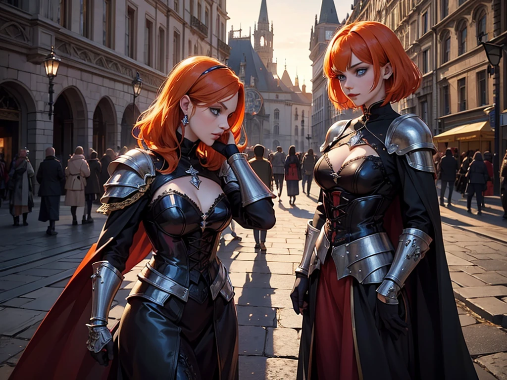 A beautiful and wonderful vampire woman, extremely detailed, short orange hair, wearing extremely detailed gothic armor, blue eyes in medieval public square, palace, crepúsculo, 8k, linda, sacerdotisa, crepúsculo, entardecer, vampira, gothic armor.