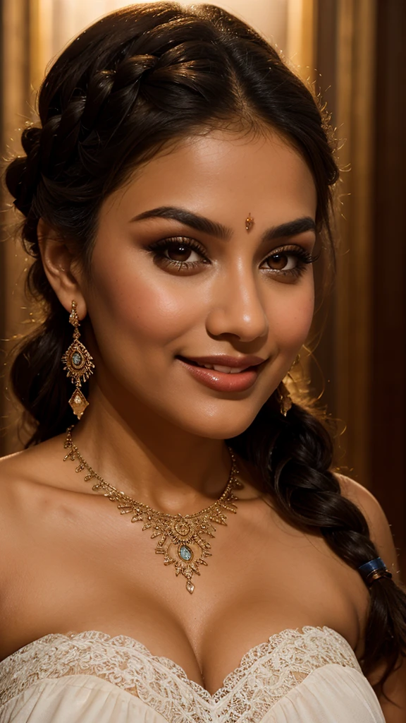selfie, extreme close up photo of Latina indian, hourglass figure, swooping big breasts, sexy armpits, seducing on mountains, French braid hair, necklace, sultry, look at viewer and subtle smile, lace strapless night dress, (cinematic:1.3), intricate details, (ArtStation:1.2)