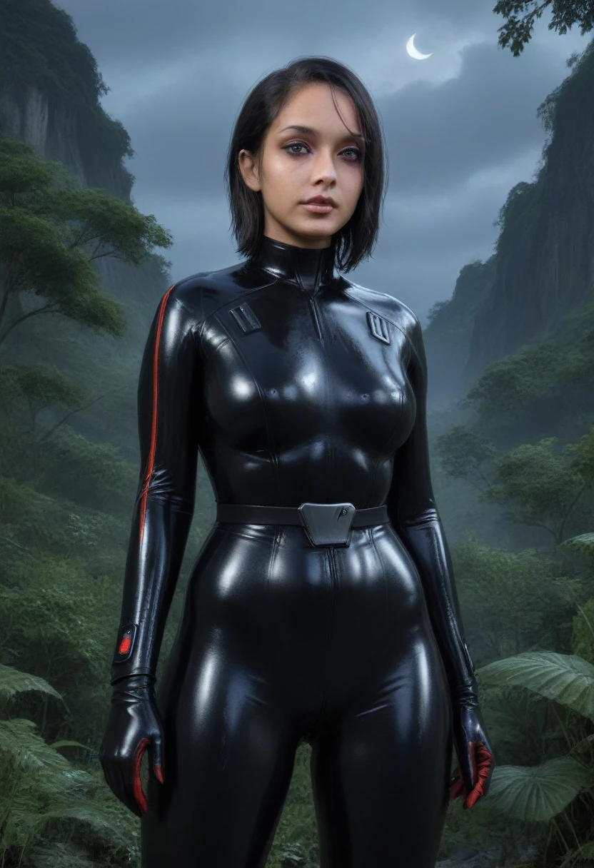 zPDXL, source_anime, BREAK Trilla, helmet with red translucent visor, , armor,black gloves,tight bodysuit,,black pants, BREAK close-up, solo, standing, front view, medium breasts, , wide hips, BREAK x3dce, 3d, jungle background, dense vegetation, rain, night, night sky,
