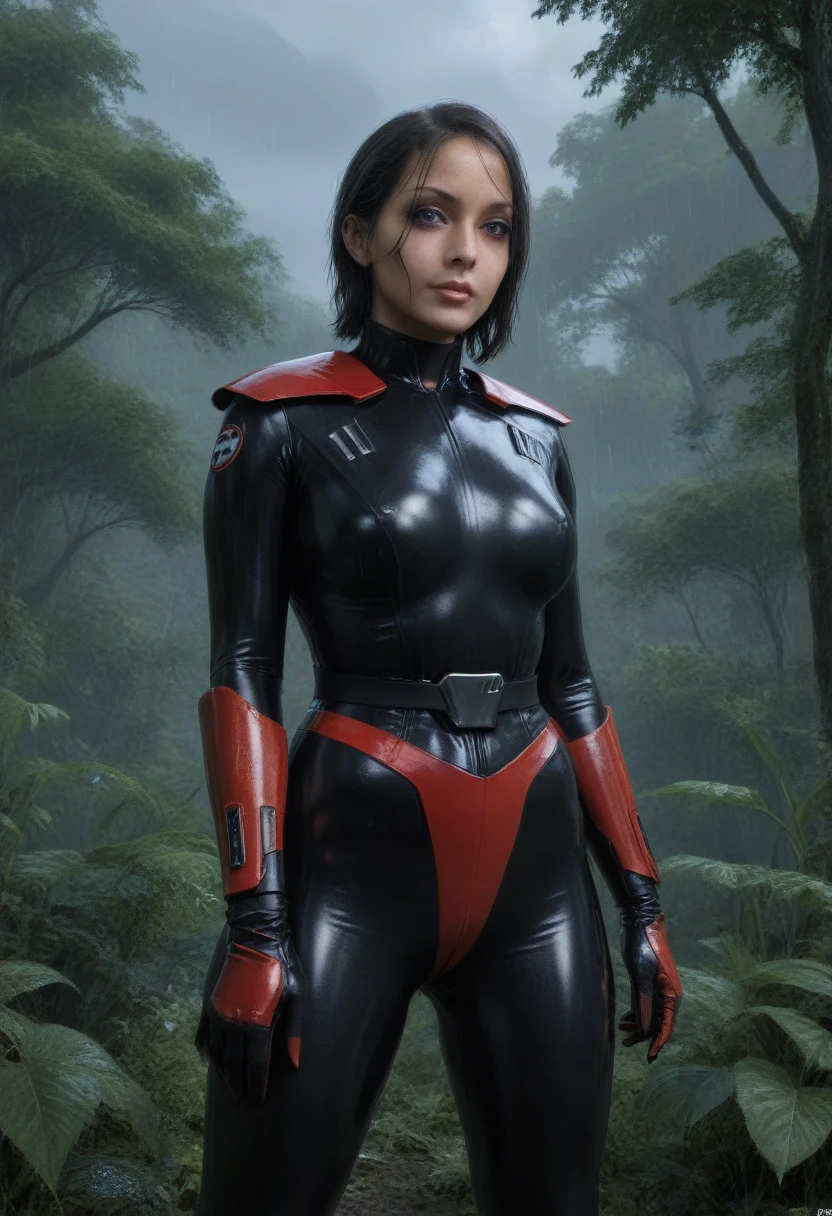 zPDXL, source_anime, BREAK Trilla, helmet with red translucent visor, , armor,black gloves,tight bodysuit,,black pants, BREAK close-up, solo, standing, front view, medium breasts, , wide hips, BREAK x3dce, 3d, jungle background, dense vegetation, rain, night, night sky,