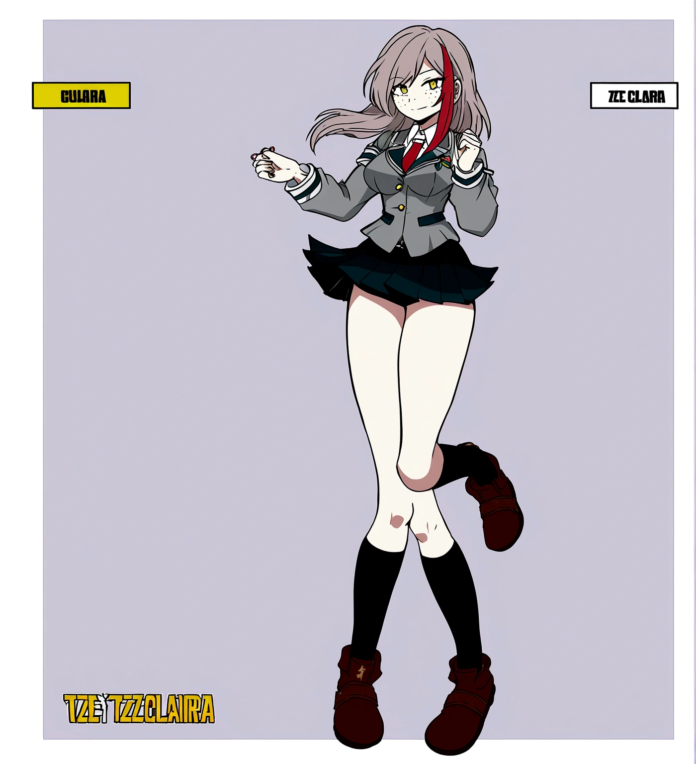 Female character design in the style of boku no hero academia. red hair girl, long, by tez clara, with freckles and dimples wearing the U uniform.A