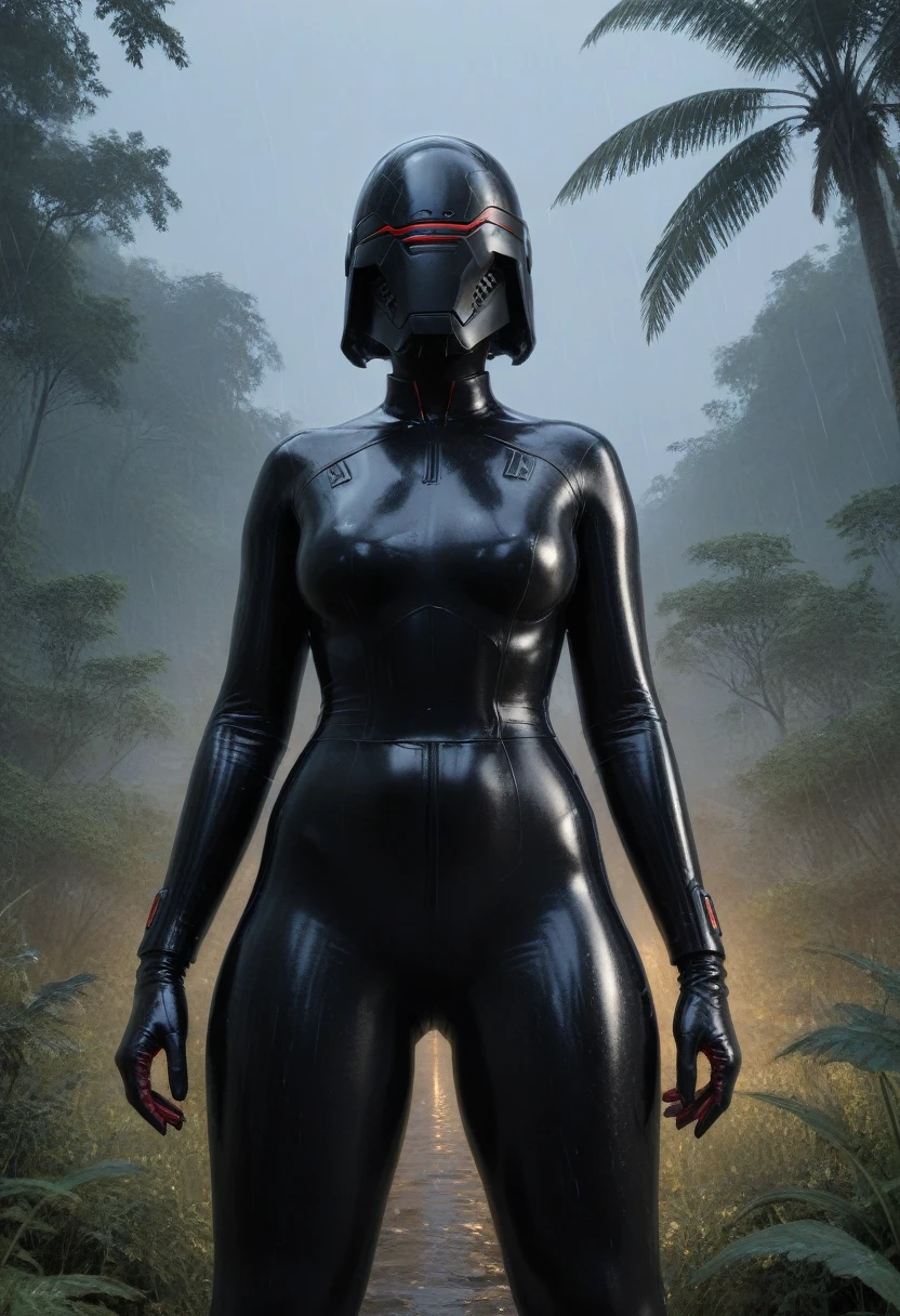 zPDXL, source_anime, BREAK Trilla, helmet with red translucent visor, , armor,black gloves,tight bodysuit,,black pants, BREAK close-up, solo, standing, front view, medium breasts, , wide hips, BREAK x3dce, 3d, jungle background, dense vegetation, rain, night, night sky,
