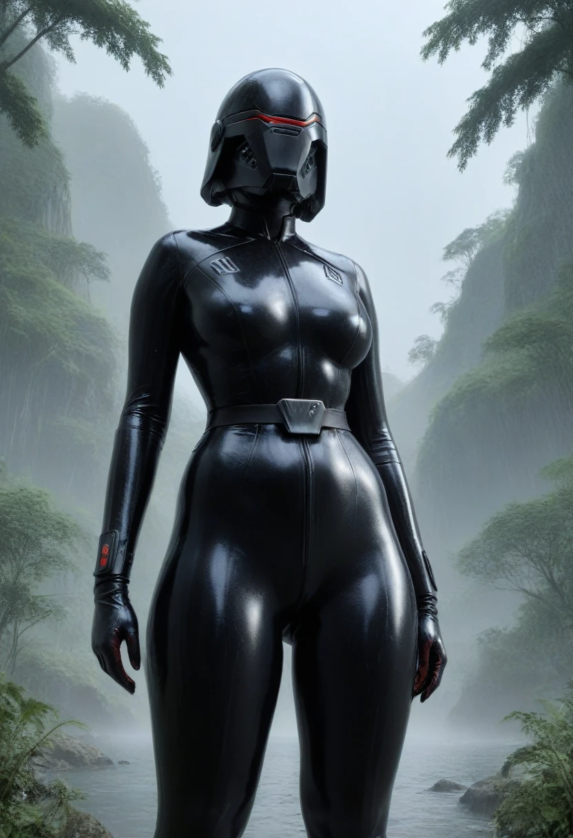 zPDXL, source_anime, BREAK Trilla, helmet with red translucent visor, , armor,black gloves,tight bodysuit,,black pants, BREAK close-up, solo, standing, front view, medium breasts, , wide hips, BREAK x3dce, 3d, jungle background, dense vegetation, rain, night, night sky,
