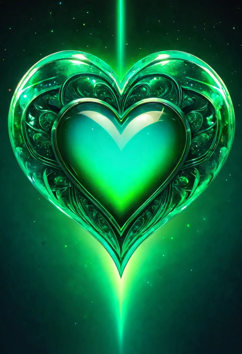 glowing emerald big green heart, turquoise color gradient, intense light, perfect lighting, outer space