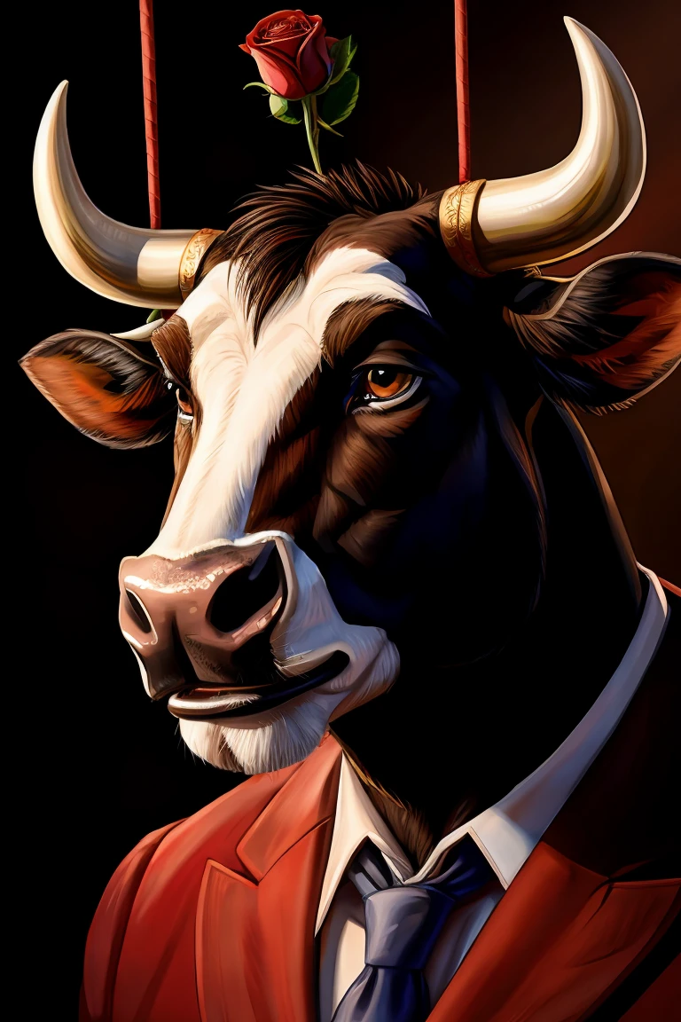 Cow portrait close up, anthropomorphic bull, gentleman,Horns, Roses hanging from the mouth,