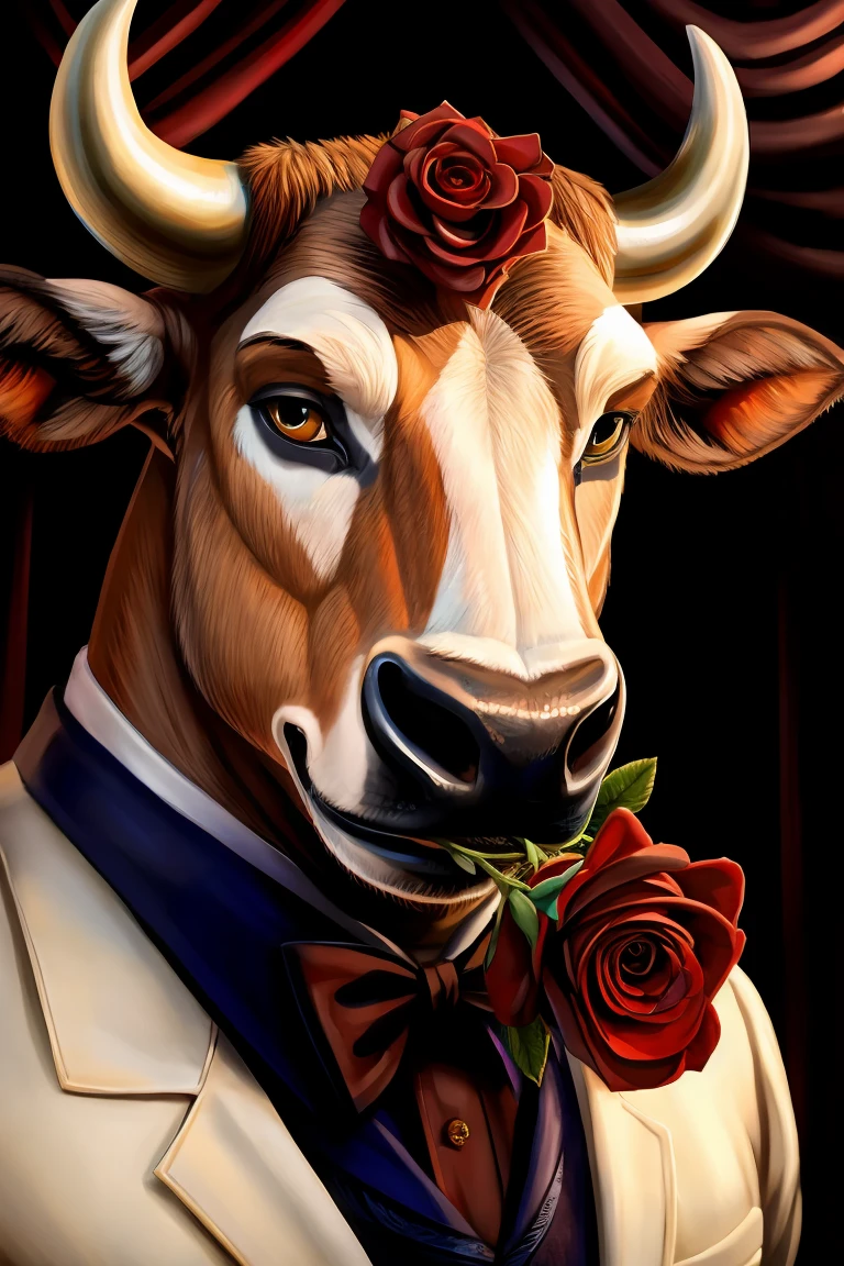 Cow portrait close up, anthropomorphic bull, gentleman，Horns, Roses hanging from the mouth，