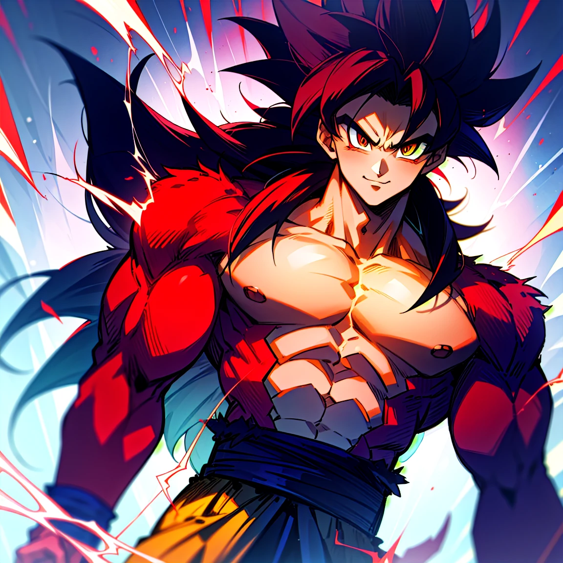 highres, HD quality, (best quality),((masterpiece)), vibrant colors, son goku, son goku gt,1boy,closed mouth, solo, super saiyan 4, dragon ball gt, yellow pants, black boots, blue ribbon, ((some red fur on arms and chest)), red saiyan tail, (very long hair), (red eyeliner),male focus, muscular, muscular male, pectorals, solo, spiked hair,((black hair)), (((pupils))),yellow eyes,standing,spiked hair, red aura, electricity, smile,upper body, HAND IN HEART!