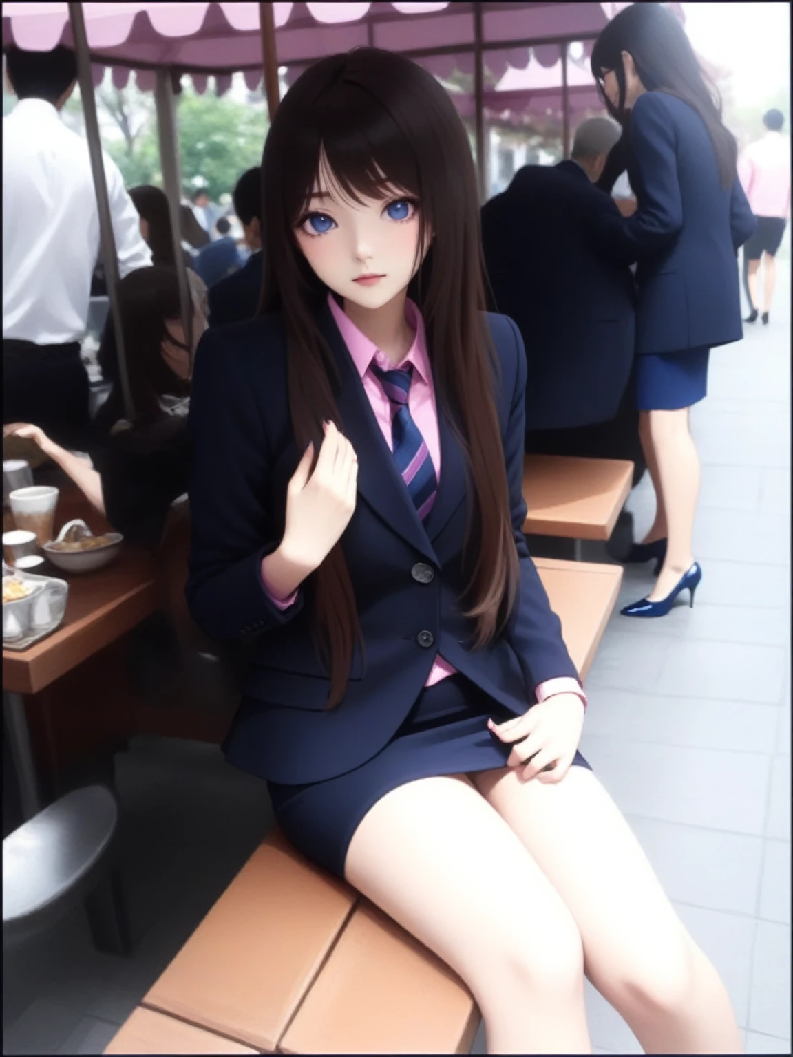 a pretty young woman sitting in a campus 's cafe, wearing navy-blue blazer, pink shirt with navy-blue tie, navy-blue pencil skirt, black heel cutshoes), BREAK, (navy-blue blazer, pink shirt with navy-blue tie, navy-blue pencil skirt, black heel cutshoes, realistic japanese anime style, vibrant colors, 8k, highly detailed, masterpiece