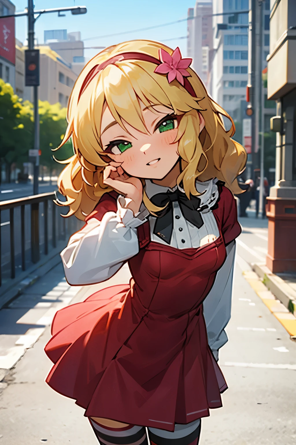 masterpiece,best quality, ultra-detailed,1girl(sakurai momoka, lovely small breasts, wavy hair,blonde hair, headband, pink flower in hair,green eyes), a bright face,  light smile, parted lips, nose blush, blush, facing viewer , looking at viewer, head tilt, solo, red dress,long sleeves,striped thighhighs, outdoor,  street, standing, a cute pose 