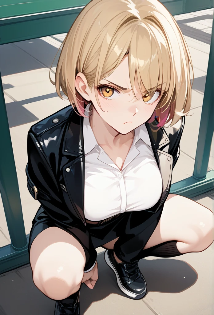 mature woman, mature face, hot face, golden eyes, short hair, blonde hair, annoyed expression, irritated face, mature body, curvy body, big breasts, black leather jacket, white shirt, short skirt, crouching, delinquent pose, behind school building, view from above, under shade