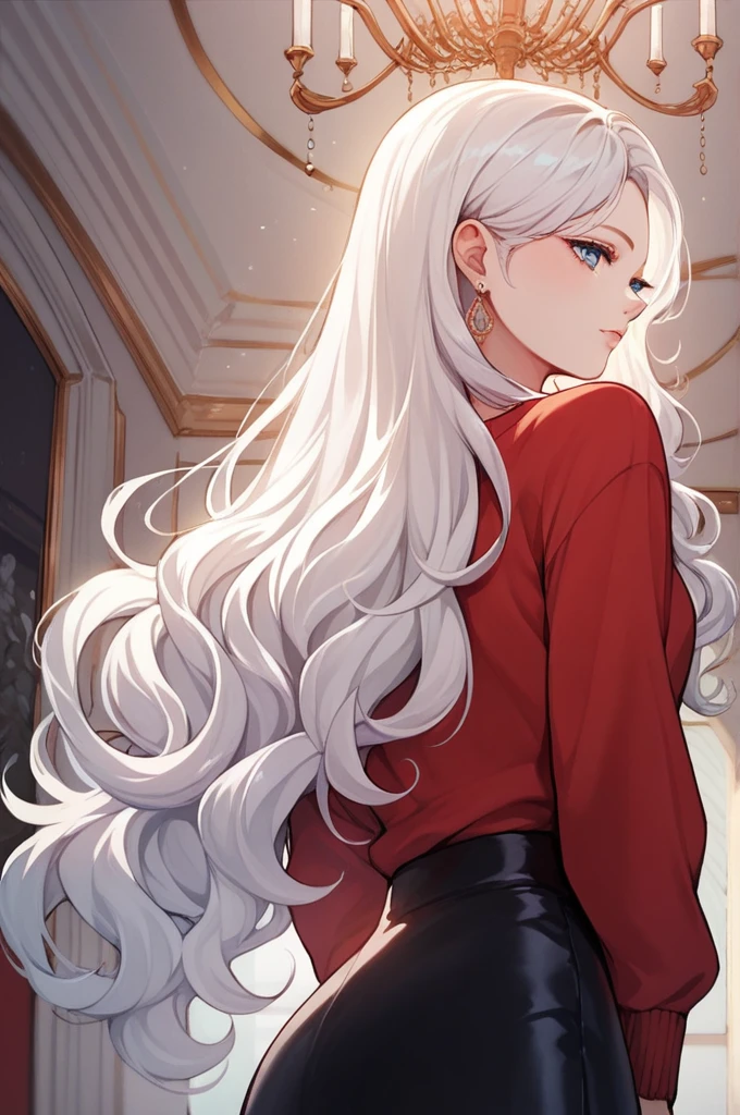 score_9, score_8_up, score_7_up, score_6_up, score_5_up, score_4_up, nari, blue eyes, white hair, long hair, red sweater, long sleeves, black skirt, standing, chandelier earrings ,wavy hair, stocking 