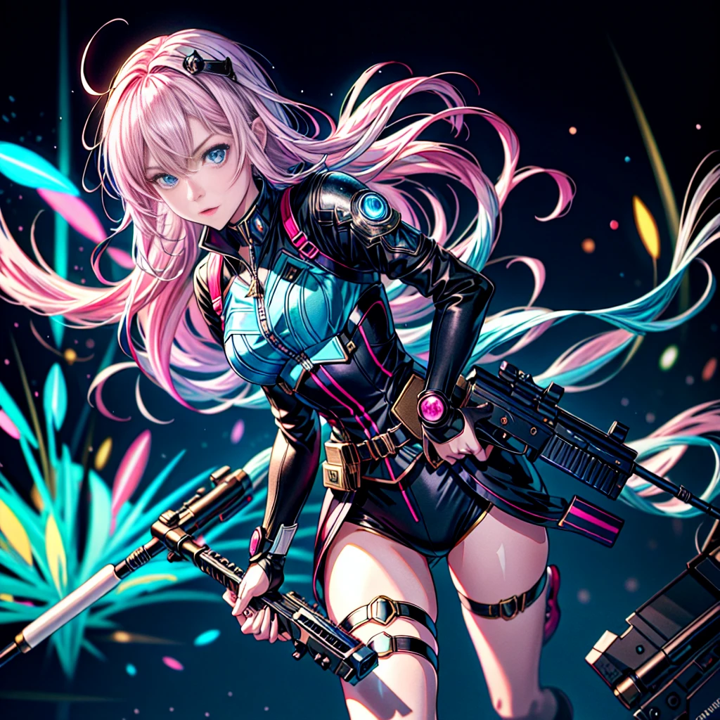 One girl、[17277fbe68],He threatened Hideo.、high quality、Maximum details、(((最high quality、masterpiece、Official Art、Best dynamic composition)))、(Thin Hair)、(Tabletop, 最high quality), Very detailed, Anime Style, whole body, Cyberpunk Girl, Gripping a high-tech rifle, Milky white and pink hair, Sparkling blue eyes, Wearing a magical girl costume , 8K high resolution, Trend Art Station, White Background, Standing in the Wilderness, whole body,