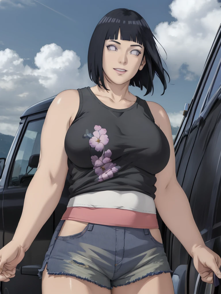 masterpiece, absurdres , (intricate details), (colorful),cinematic lighting,extremely detailed CG unity 8k wallpaper ,hinata\(boruto\), 1milf, mature soft expressions, short-hair, ((black tank-top),(denim hotpants)), (sleeveless), huge breasts,bracelet,wedding ring, cowboy shot, looking back, looking at viewer,smile, red lips, (1arm swaying hair), outdoors, lavender flower field,flower, day, cloudy sky, wind, floating hair, falling petals, anime screencap,BREAK, surrounded by black guys,