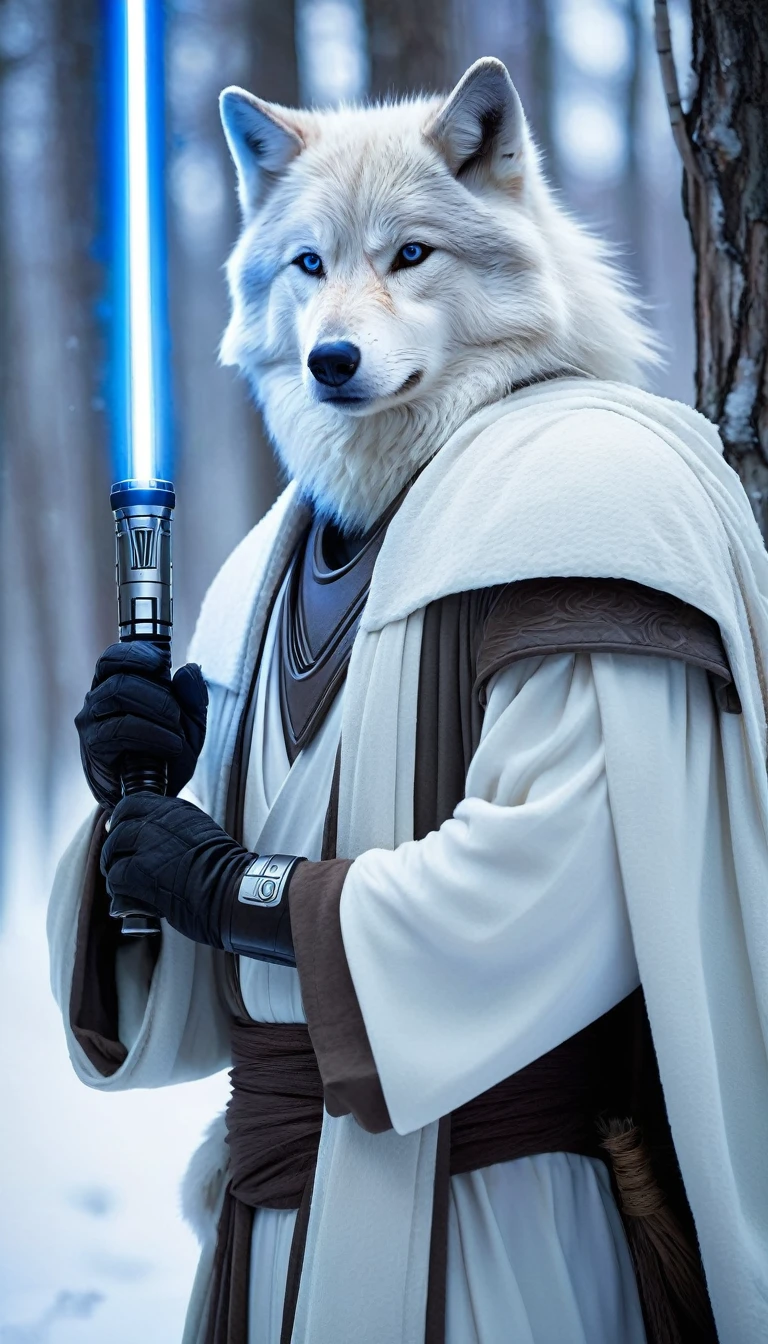 A striking white wolf-human hybrid Jedi Knight, standing proudly in the heart of a serene snowy forest. The creature's fur, a mix of stark white and deep, shadowy blues, blends almost seamlessly with the frosty backdrop. Its piercing yellow eyes, framed by a fur-covered visage, reveal a keen intelligence and unyielding determination. The wolf's features are prominent in its elongated snout, pointed ears, and powerful, fur-covered body, while its hands and feet are adorned with sleek, black gauntlets and boots, hinting at its dual nature. The Jedi's human side is evident in the flowing, white and blue robes that are reminiscent of traditional Jedi attire, yet tailored to allow for the creature's animalistic movements. A blue lightsaber, a beacon of hope in the wintery scene, is firmly gripped in its right hand, the blade emitting a warm, vibrant light that contrasts with the cold surroundings. The left hand is outstretched, palm open, as if inviting peace or preparing to unleash the power of the Force. The snowfall is gentle, each flake glowing with a soft light as they melt upon the Jedi's fur and robes. The forest itself is a tableau of monochromatic beauty, with tall, bare trees reaching skyward, their branches adorned with a delicate layer of fresh snow. The ground beneath the hybrid's feet is a canvas of untouched white, leading the viewer's gaze to the distant horizon where the faint outline of an ancient, snow-covered Jedi temple can be seen. The overall atmosphere is one of tranquility, yet the tension in the creature's stance suggests a readiness for battle, a silent guardian of the galaxy's balance in this frozen wilderness.