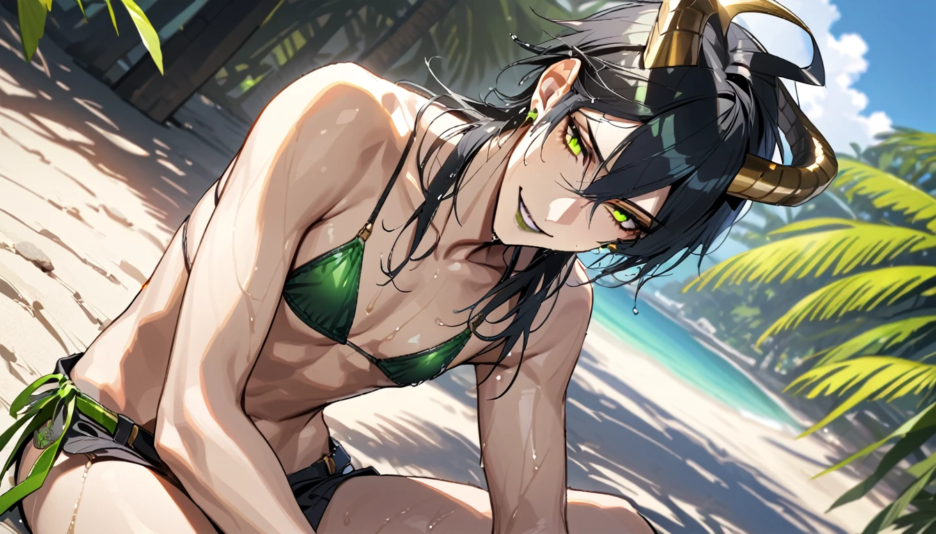 masterpiece, highres, absurdres, illustration, ((masterpiece:1.4, best quality)), (Ultra detailed background), 1boy, handsome man, highly detailed beautiful face and eyes, beautiful eyes, (sharp detail:1.3), shiny, earrings, bracelet, (wet bikini:1.3), Bari, Cebu Island, plumeria, near the beach, 1boy, sitting on floor, dynamic angle, malleus draconia (twisted wonderland) horns, bishounen, boy, male, yana Toboso style, long hair, black hair, yellow green eyes, smile, gray lips, handsome, skinny, tall, yellow green glow,AddXL