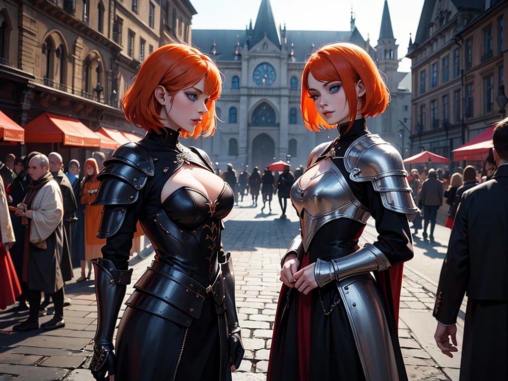 A beautiful and wonderful vampire woman, extremely detailed, short orange hair, wearing extremely detailed gothic armor, blue eyes in medieval public square, palace, crepúsculo, 8k, linda, sacerdotisa, crepúsculo, entardecer, vampira, gothic armor.