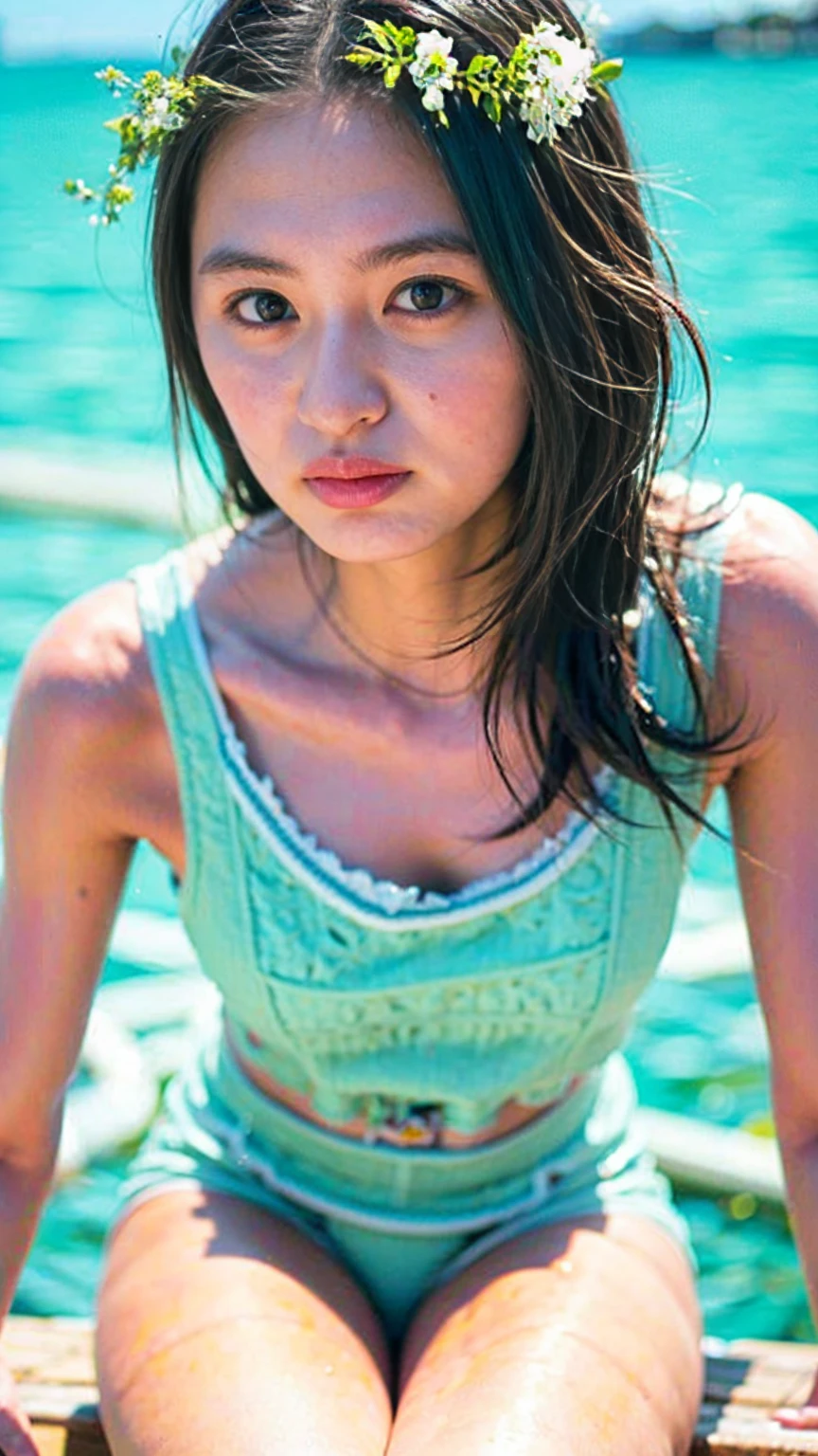 (masterpiece), (Highest quality), (Very detailed),(Disheveled Hair),(shape), (One Girl), (bikini), Are standing, Fashion Model, View your audience, (interview), (Beach),Beautiful details, Delicate and beautiful face, floating,(High chroma),(Colorful splashes),Colorful bubbles,(The Shining), Focus on the face, Hair Ring, Floating Flowers, Floating Hair, (The Shining), Best lighting, Best Shadow,