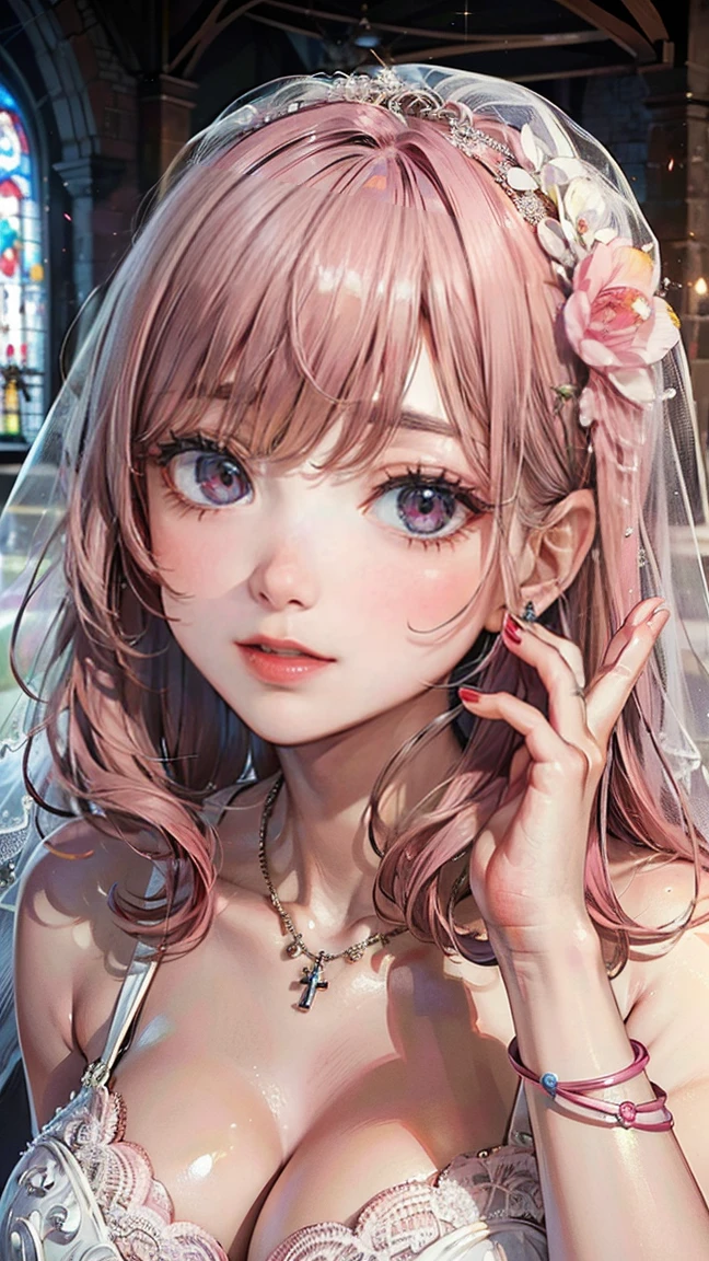 (Masterpiece, BestQuality:1.3), (ultra detailed:1.2), (hyperrealistic:1.3), (RAW photo:1.2), High detail RAW color photo, professional photograph, (Photorealistic:1.4), (realistic:1.4), professional lighting, perfect anatomy, (Big Breasts:1.2), (blush, detailed face), (cheerful Smile:1.5), (Pink Hair:1.5), Trending Hair&Trending Hairカラーをランダムに, earrings, necklace, bracelet, sexly, erotic sexly, Random sexy gravure poses, (Woman in a bride、The background is a church、A happy smile、Long Wave、Lifting up the wedding dress: 1.3)