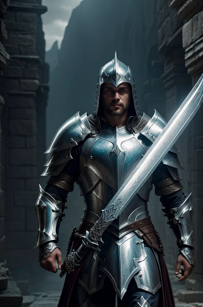 A heroic paladin, steely gaze, intricate armor, gleaming sword, noble bearing, epic fantasy, cinematic lighting, muted color palette, dramatic atmosphere, highly detailed