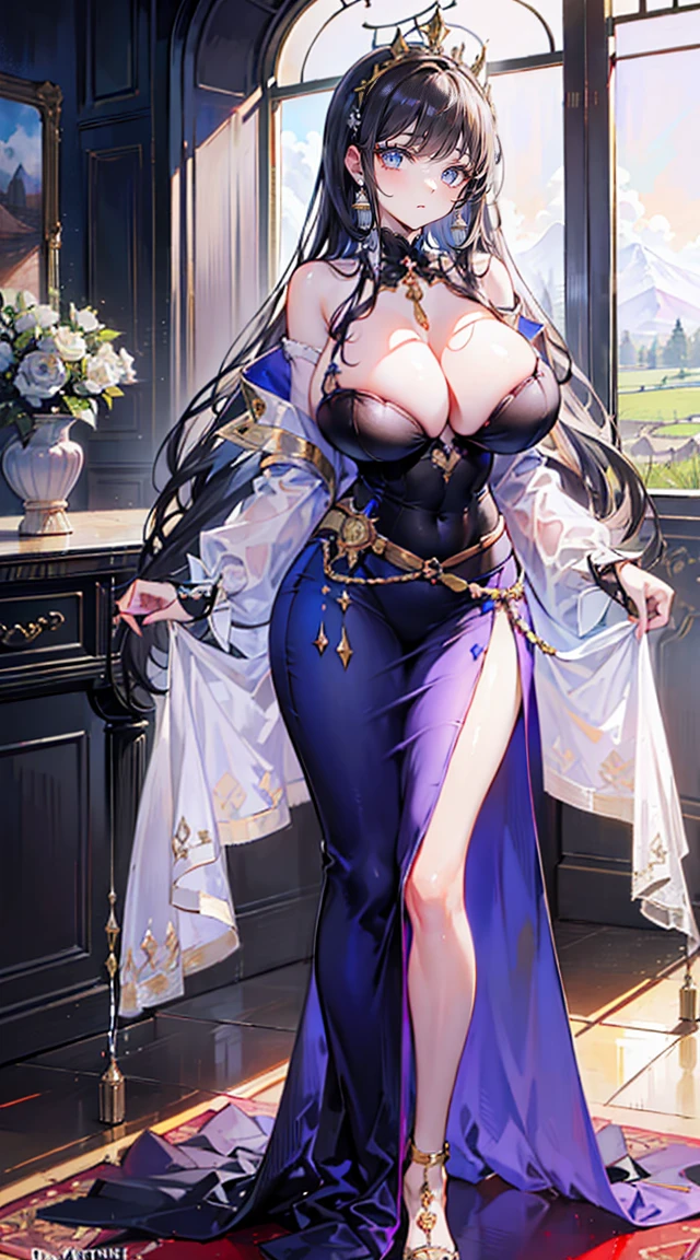 beautiful woman，Folk Girl，blonde with blue eyes，Twist,(Elegant black rococo ball gown. Decorated with a long, fluffy skirt.),(deteriorate and arrogant queen),purple eyes,(smooth between the eyes),(arrogant,arrogantผยอง),arrogant smile,((1 arrogant queen in a beautiful embroidery and jeweled gorgeous black rococo ballgown with voluminous full length hoop skirt)),((gold trim,deteriorate,Spread your butt)),Beautiful black rococo style gown with super detailed details. Complete with a long skirt with large ruffles.,(black hair,lots of straight hair,Long, very straight hair with lots of volume.,The hair is definitely long and straight.),((gigantic bust)),full body portrait, countryside，countryside，beautiful scenery，European Middle Ages，smile with teeth，forehead，forehead exposed，very big breasts，ear nipple ring，side waist slit，tightitt，((side chest))，Lace panties，Panties，((big tits))，(pubic bone), rift, visible chest, Show your breasts, open chest,((bare breast:1.37)), I saw bulging nipples.,(((large areolae:1.4,pink,The nipples are clearly visible...))), (Separate outfit showing nipples:1.4), (semi-naked:1.8),  (off shoulder purple dress:1.4), (puffy skirt:1.4), (Juliet&#39;s arms puffed.:1.4), Spread your legs wide.、(((sexually seductive、I invite you to have sex.)))、((Love dripping from pussy))