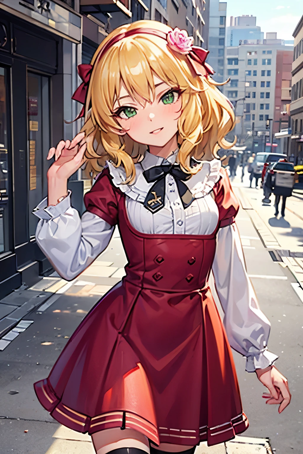 masterpiece,best quality, ultra-detailed,1girl(sakurai momoka, lovely small breasts, wavy hair,blonde hair, headband, pink flower in hair,green eyes), a bright face,  light smile, parted lips, nose blush, blush, facing viewer , looking at viewer, head tilt, solo, red dress,long sleeves,striped thighhighs, outdoor,  street, walk, elegant walking 