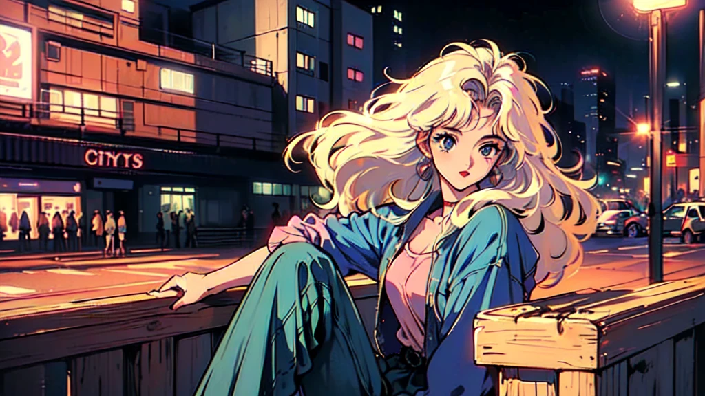 (80's, Retro, City Pop:1.5), (Album cover), (masterpiece, Highest quality, Exquisite detail), (anime, figure), (pastel colour:1.3), Best Photo Poses, Dynamic Angle,girl, alone, cool, Delicate face, Wearing sunglasses, Blonde Hair, Cityscape, City of night,