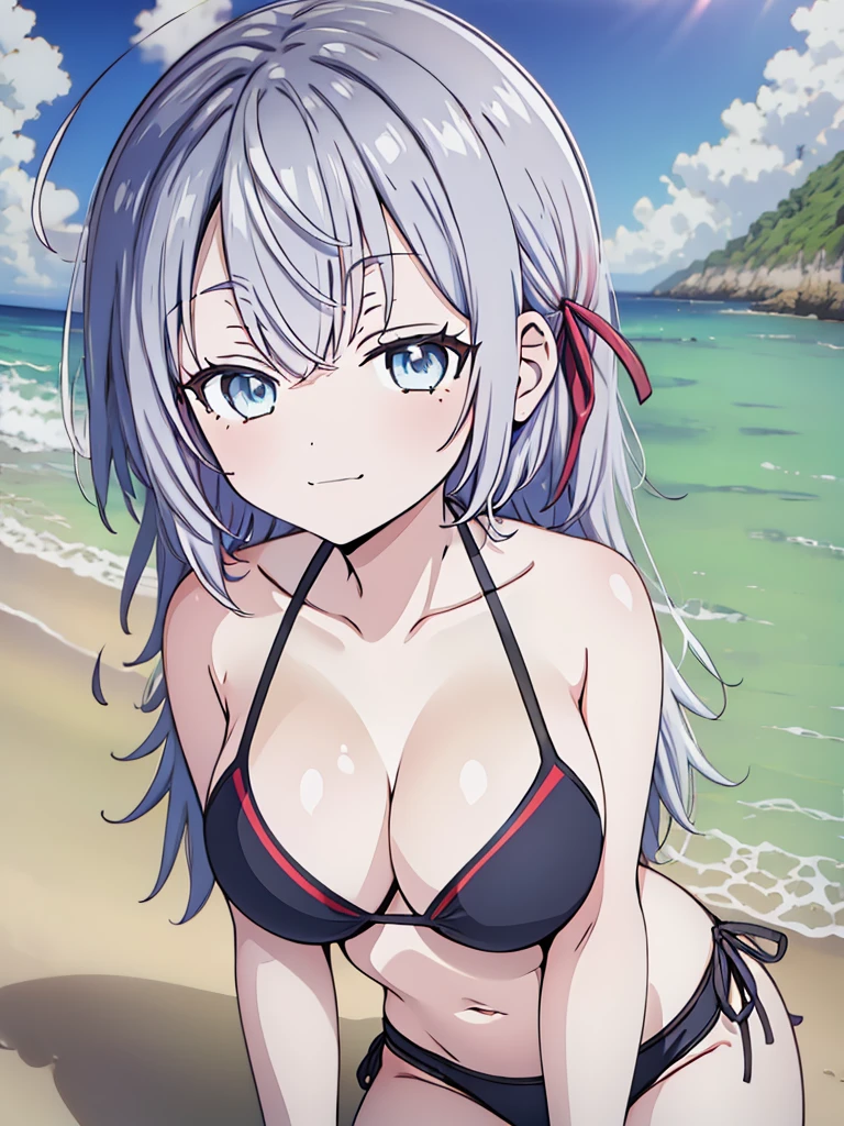 1girl, alya, white hair, long hair, hair ribbon, blue eyes, bikini,, in all four, smug face, beach, anime style, 2D