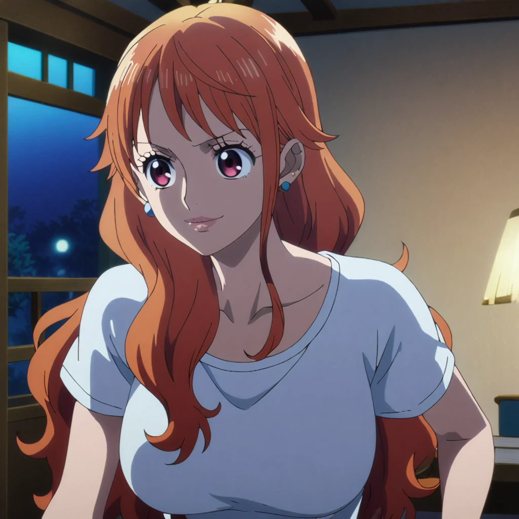 1girl, female nami, anime screencap from one piece, nami female version, solo, long_hair, Red eyes ((Red_hair, wavy hair, low ponytail)), night view, (hanging breasts) upper_body, smile, indoors, book, red_eyes, lips, (low ponytail, wavy hair) ((wearing shirt)) breast, "very detailed and high resolution" (Red eyes) ((long hair)) ((solo)) (front view) (earings) ((high resolution)) ((good quality)) ((swept bangs)) ((full body)) 