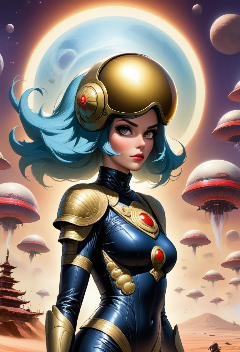 Future Sci-Fi Space War,A woman wearing a helmet, Stephen Hickman, Beautiful vintage art, Mars Attacks, Gilded Lotus Princess, Published in cgsociety, The Last Day of the Universe, Queen of Persia, Kirill Leonov, By Jason A. Engel, Barbarela