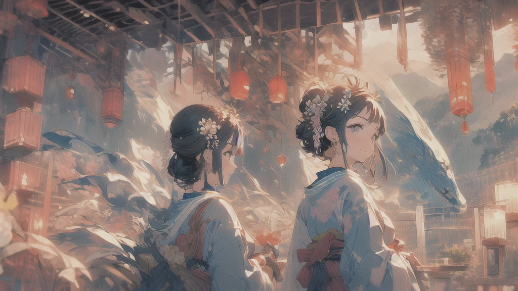 , (masterpiece:1.2), best quality,midjourney,
1girl, A beautiful woman in traditional Japanese attire, viewed from slightly behind, with a serene and gentle smile. She has a chignon updo hairstyle adorned with flowers and traditional hair accessories. The background features a mystical, foggy mountain landscape with soft sunlight filtering through the mist. The overall atmosphere is serene and captivating, emphasizing the beauty and elegance of the traditional attire and the peaceful natural setting.