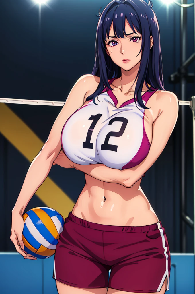 showing her armpits, (voleyball t-shirt), (voleyball short pants), volleyball court background, NJAkiV4, oda non style, anime cels style, pink lipstick, purple eyes, (long hair), best quality, high resolution, (cowboy shot, 1 girl, 30yo,Young female,Beautiful Finger,Beautiful long legs,Beautiful body, Beautiful Nose,Beautiful character design, perfect eyes, perfect face,expressive eyes, perfect balance, looking at viewer,(Focus on her face), official art,extremely detailed CG unity 8k wallpaper, perfect lighting,Colorful, Bright_Front_face_Lighting,White skin, (masterpiece:1.0),(best_quality:1.0), ultra high res,4K,ultra-detailed, photography, 8K, HDR, highres, absurdres:1.2, Kodak portra 400, film grain, blurry background, bokeh:1.2, lens flare, (vibrant_color:1.2),professional photograph, (Beautiful,huge_Breasts:1.4), (beautiful_face:1.5),(narrow_waist)