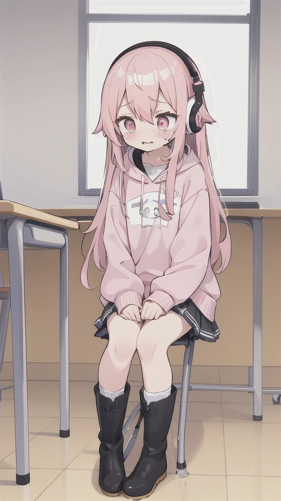 Pink long hair,Pink and white sweatshirt,Pink Eyes,Black headphones,White boots,blush shy,Leaking urine(1.2)classroom scene,eternal, cry, , Tears flow from the eyes, The embarrassment comes from, blush), (Girl is peeing: 1.2),, Look away, sit, Awkward, blush, Mouth slightly open, classroom (Girl Leaking urine): 1.5)