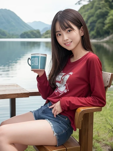 Japanese female, a lot of details, (underweight), 30 years old, detailed black hair, beautiful detailed hair, super fucking beautiful, delicate beautiful face, complex details beautiful and delicate eyes, perfect hands, (flat chest best quality:1.5), perfect and delicate limbs, detailed skin, best quality, ultra-detailed,(cheerful grin:1.5),
lake, camper:1.5, sitting, cross-legged, wave hair, (red long-sleeved t-shirt), (denim shorts), (with a Mug:1.2), japanese, in the grassland, with a grassland, with a lake, with a chair, in the morning, cowboy shot, side view, ground-level shot:1.4, extreme wide shot, sunrise