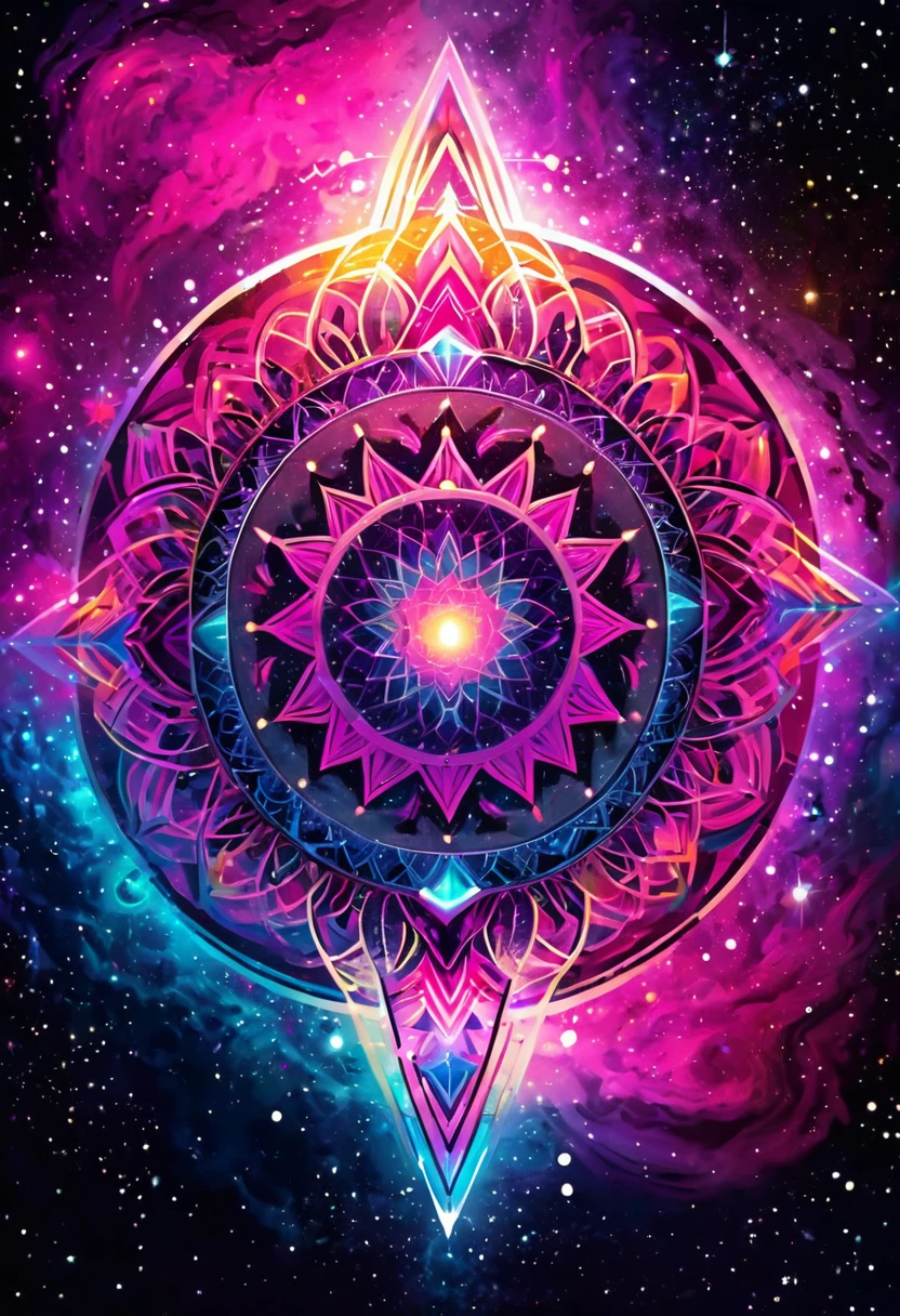 Mandala shining in magenta color, outer space, galaxy, geometric pattern, mysterious,