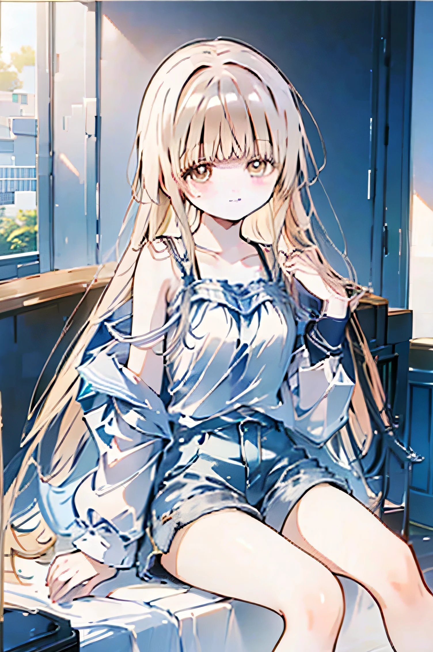 Best masterpiece, anime coloring, ultra-detail, 8k、((Sitting on the open corridor))、summer, morning, sun、White off-shoulder jeans with shorts、from below、looking down、smile