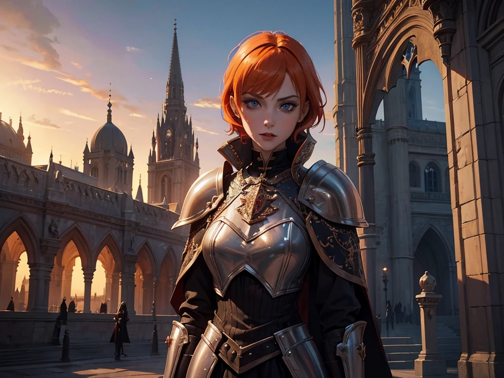 A beautiful and wonderful vampire woman, extremely detailed, short orange hair, wearing extremely detailed gothic armor, blue eyes in medieval public square, palace, crepúsculo, 8k, linda, sacerdotisa, crepúsculo, entardecer, vampira, gothic armor.