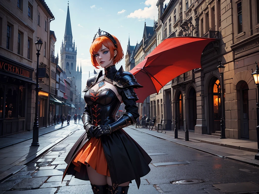A beautiful and wonderful vampire woman, extremely detailed, short orange hair, wearing extremely detailed gothic armor, blue eyes in medieval public square, palace, crepúsculo, 8k, linda, sacerdotisa, crepúsculo, entardecer, vampira, gothic armor.