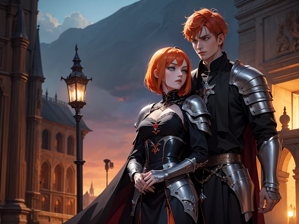 A beautiful and wonderful vampire woman, extremely detailed, short orange hair, wearing extremely detailed gothic armor, blue eyes in medieval public square, palace, crepúsculo, 8k, linda, sacerdotisa, crepúsculo, entardecer, vampira, gothic armor.