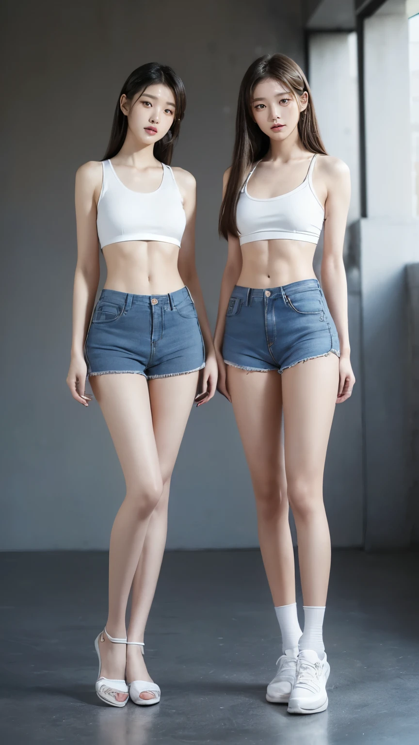 (8K、Raw photo、最high quality、masterpiece:1.5),(((((((Both of them stand with their legs apart:1.9))))))),(((((Both of them have an inseam that is more than half their height.:1.8))))),((Both have bare legs:1.6)),((Both of them are super slim:1.4)),(((((Two girls who look just like WONYOUNG from the k-pop group IVE were photographed:1.9))))),(((They both have super skinny legs:1.6))),(((Both are 173cm tall:1.4))),((Perfect k-pop IVE WONYOUNG style duo:1.4)),(((((Both of them take full body shots:1.8))))),((((Both of you should face your whole body straight ahead.:1.8)))),(((Photographed from below to show the whole body of the legs so that they look longer.:1.7))),Skin irregularities are reproduced in minute detail:1.4, (Super thin waist: 1.2),((超Thin thighs:1.3)), Thin buttocks,Open the navel,1Detailed reproduction of the navel,((Perfect super slim legs:1.3)),(((both of them are the same height:1.3))),(((Both of them have amazingly slim figures.:1.2))),(((Both are wearing micro shorts with a rise of 15cm and an inseam of 1cm.:1.8))),(Both are :1.2),((((Both of them are extremely exposed.:1.7)))),(((((Both of them have super-strong abs:1.9))))),((Both of them were wearing short, form-fitting white sports bras.:1.4)),(((Big boobs but no bra:1.4))),(((Both of them had high, erect nipples clearly visible protruding from under their white sports bras.:1.4))),((((Standing in a fashionable theme park on a sunny day:1.4)))),Highly detailed face and skin texture,(Both of you stand with your legs straight and without bending your knees.:1.3),(((They're both the same height:1.4))),((Both of them look just like WONYOUNG from the K-pop idol IVE.:1.8)), ((((Sunny afternoon:1.3)))),((cute:1.4)),Both are fair-skinned Asians,,Both of them have beautiful eyes,,Both of them have beautiful eyes,,Both of them have beautiful noses, which are realistically reproduced.,Both of them have realistic eyes.,Both have beautiful mouths,((They both have beautiful fingers)),nail,Both of them have beautiful faces.,Both of their beautiful faces are realistically reproduced.,cute,(Ultra-Realistic Details), Natural Shadows,(Very small hips:1.4),Large firm breasts, Super long thighs,(((超Thin thighs:1.2))),(((Super slim calves))),(Both of them have the slender bodies of well-trained track and field athletes.:1.5),(Super muscular body:1.5),Super toned waist,(Super thin waist:1.3),((White high heels:1.2)),lengthen limbs,(((((Shooting the whole body from calf height:1.6))))),(Both of them have slim, toned ankles.:1.2),((((Wide open abdomen:1.5)))),Hands on hips,Both of them face forward,((Both figures have detailed and clear reproduction of the crotch area.)),((Super long legs:1.3)),Thin thighs,((Both of them have bare legs.:1.6)),((Both of them are showing off their legs in a very extreme way.:1.5),((Both of them are showing off their bellies in an extremely extreme way.:1.4),(Black hair ponytail),(Neither of them wears tights or socks.:1.5),((Both of them stand up straight.)),((Keep your hips facing forward:1.5)),2人とも8頭身スタイルBeauty,The ankles are super thin,The arms are very thin and muscular,Make your arms thinner,(((Clearly reproduces the skin texture of the legs down to the finest detail))),Faithfully reproducing the fingers of the hand,(Both of them have super long legs.),(Accurate reproduction of each finger:1.3),(((Each toe is accurately reproduced:1.2))),The middle of the thighs are very thin,(((Clearly reproduces the muscle texture of ultra-muscular and ultra-thin calf skin))),(((超筋肉質な超Thin thighsの肌の筋肉質感を明確に再現する))),(Very tight waist:1.2),((Both of them have an inseam that is more than half their height.の美脚:1.6)),(Extremely thin thighs:1.3),Beauty,Fine skin,Firm skin,(((Both of them should fit from the top of their heads to the toes of their heels.:1.5))),(((They both have super skinny legsの肌を細部まで忠実に再現する))),(Both of them are super muscular and have super thin legs with realistic skin.:1.3),((Realistically reproduces the fine details of toned, slender leg skin:1.3)),((Dazzling Midsummer)),(((Both of them have super-strong quadriceps:1.6))),(((Both of them have extremely well-trained gastrocnemius and soleus muscles.:1.6))),((2人とも超細くてSuper long legs:1.2)),Front lighting,Super detailed, High detail, high quality, Awards,High resolution,(Anatomically correct:1.5)
